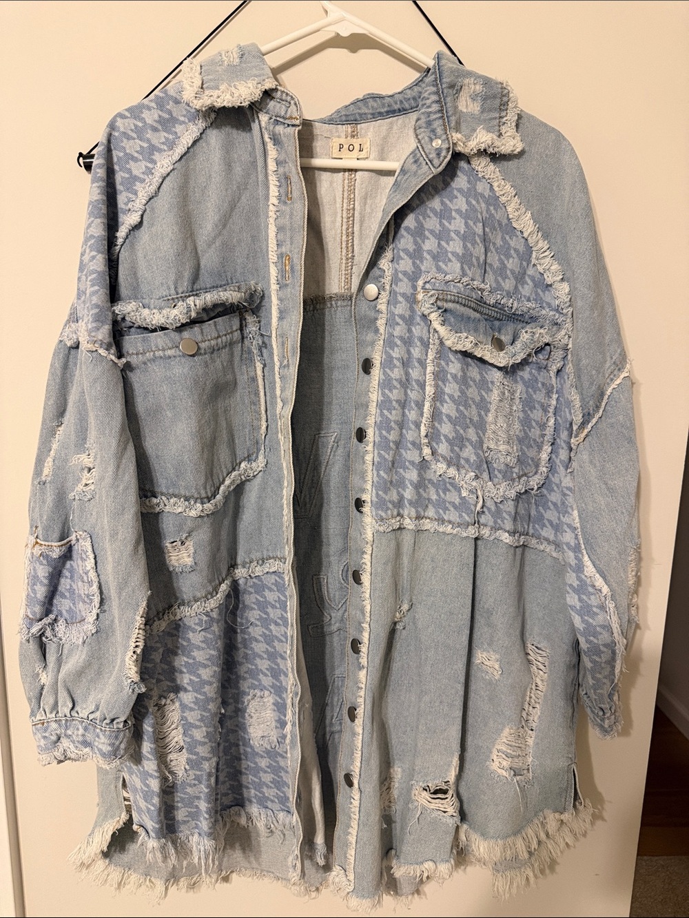POL Light Blue Houndstooth Patchwork Denim Jacket